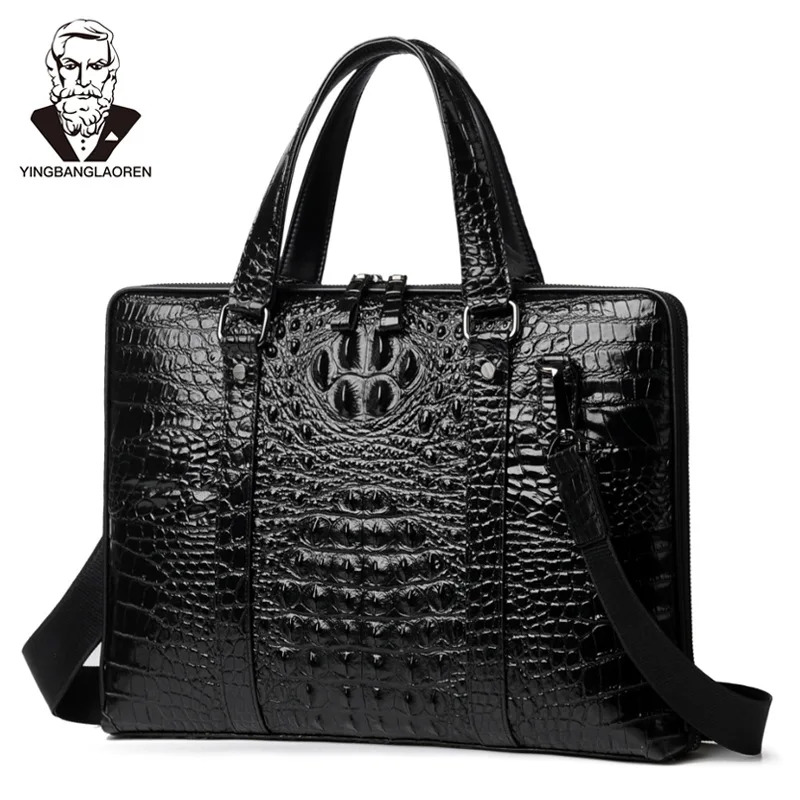 Высококачественная Мужская сумка из коровьей кожи, портфель, сумка через плечо, сумка через плечо, сумка-мессенджер с крокодиловым узором, мужская деловая дорожная сумка - Цвет: Horizontal Black