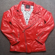 Soft PU Cool Fashion Rivet Studded Biker Jacket Male Motorcycle Rock Punk Leather Jacket Men Red White Black