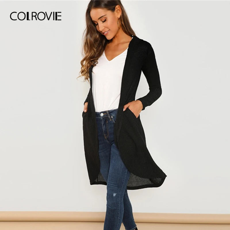COLROVIE черная однотонная открытая спереди до колена с капюшоном женские пальто Весенняя уличная одежда с длинным рукавом Повседневная Верхняя одежда с двойным карманом