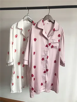 

lady nightgown strawberry silk satin nightwear women sleepshirts sleepdress long sleeves female sleepwear