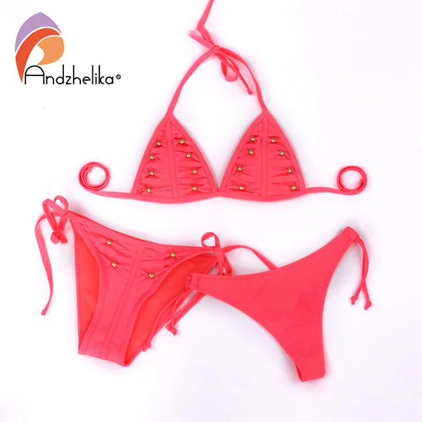 Andzhelika bikini женский купальник бикини с золотыми бусинами AK3303 - Цвет: Pink red