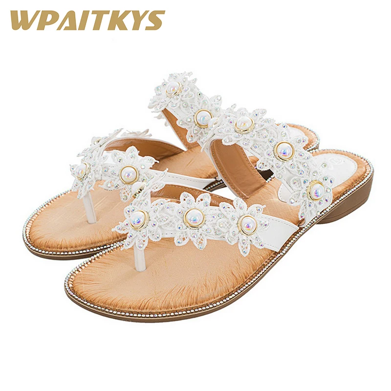 

2018 Fashion Pearl Sandals Woman Elegant Golden White Pink Seven Colors Available Rhinestone Low-heeled Leisure Women's Sandals