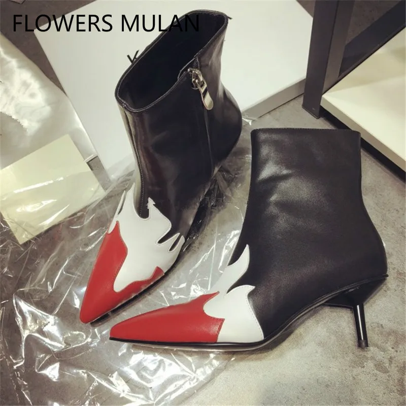 

Genuine Leather Printed Flame Women Ankle Boots Fashion Mixed Color Pointed Toe Stiletto High Heels Pumps Party Wedding Shoes 40