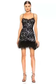 

Top Quality Black Slip Feathers Lace Sexy Dress Club Party Dress