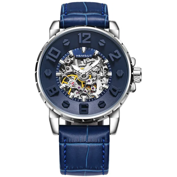 

HEMSUT Mens Watches Top Brand Luxury Waterproof Transparent Automatic Watch Man Leather Sport Wrist Watch Men Blue Clock