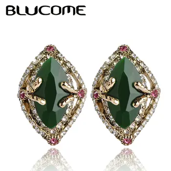 

Blucome Vintage Style Green Austria Crystal Big Stud Earrings French Hooks Resin Women Wedding Dress Accessories Exquisite Gift