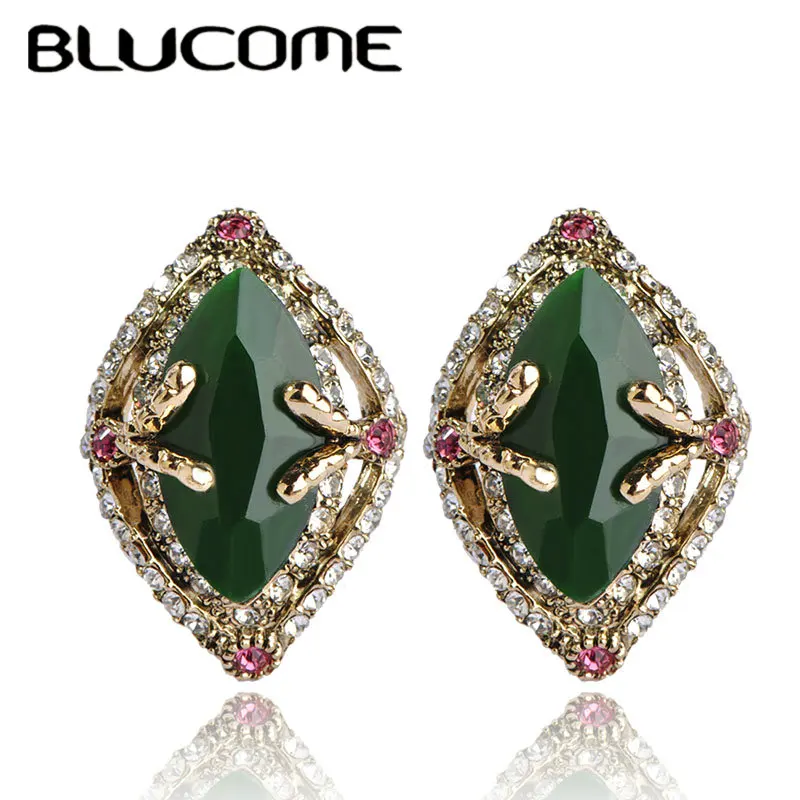 Женские серьги гвоздики Blucome зеленые из австрийского хрусталя с французскими