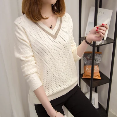 Женский вязаный пуловер, свитер, Осень-зима, сексуальный элегантный джемпер с v-образным вырезом, женский джемпер, топы размера плюс, 6 цветов 77 - Цвет: white