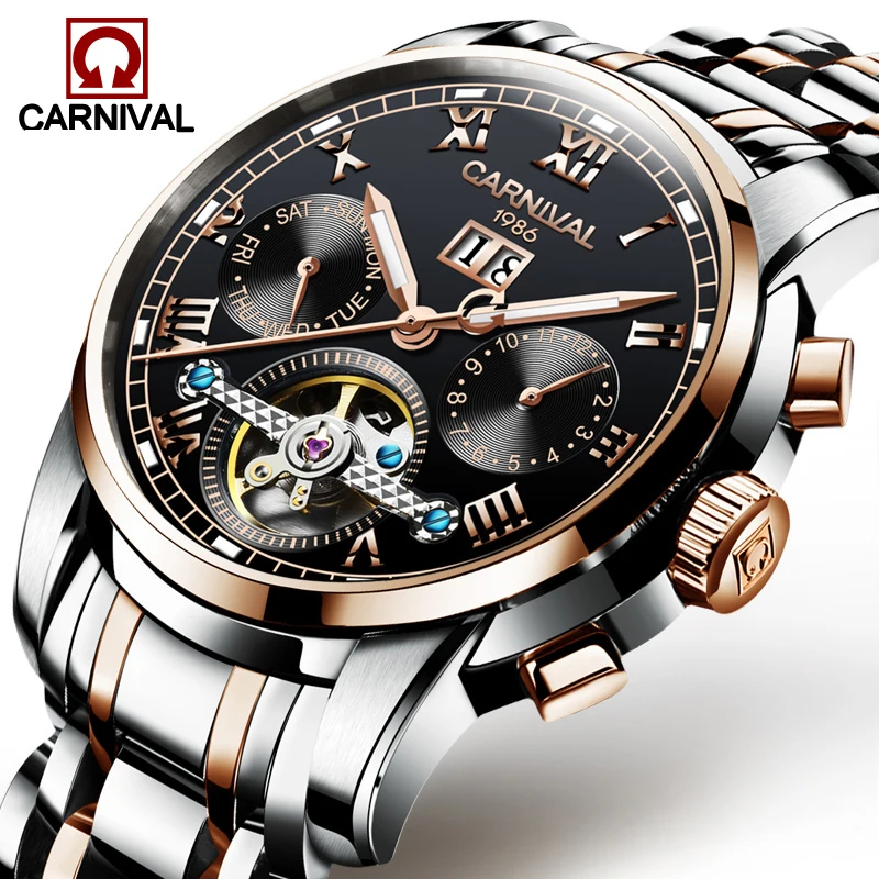 

Carnival Business Multifunction Mens Watches Automatic Mechanical Wristwatch for Men Stainless Steel Waterproof Clock saat erkek
