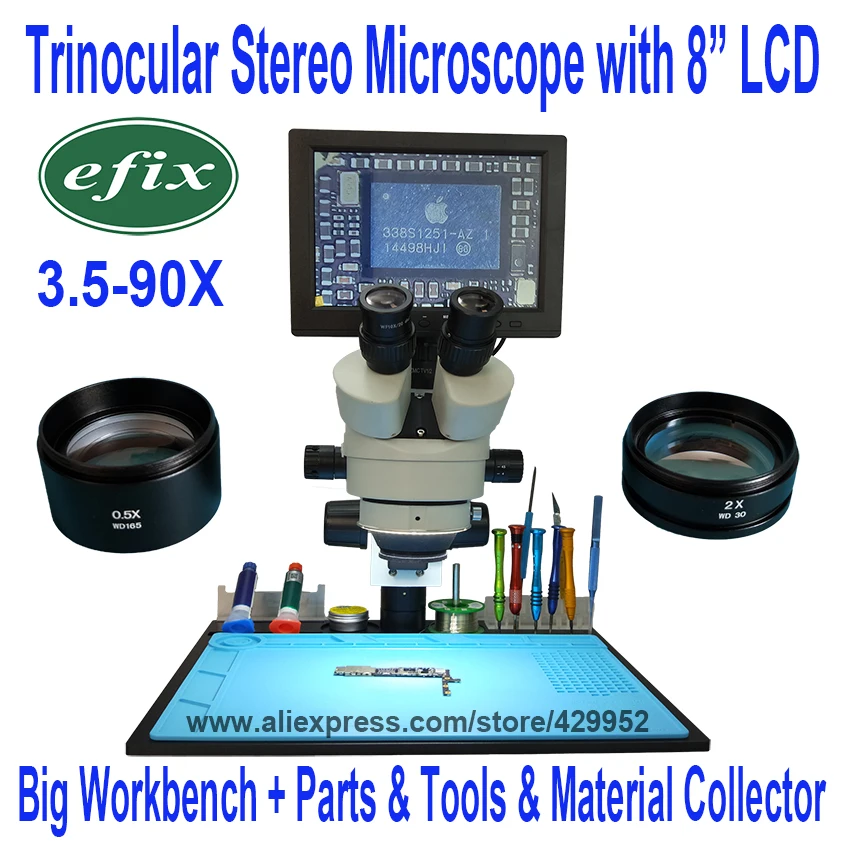 

eifx 3.5~90X Trinocular Stereo Zoom Vertical Zoom Microscope for iPhone Fix Repair Tools Kits + 8 Inch LCD+ Big Operation Plate