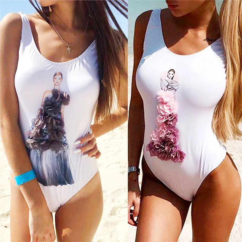 

New 2019 One Piece Swimsuit Women Swimwear Princess Print Swim Bathing Suit Female Backless Bodysuit Solid Monokini Beachwear