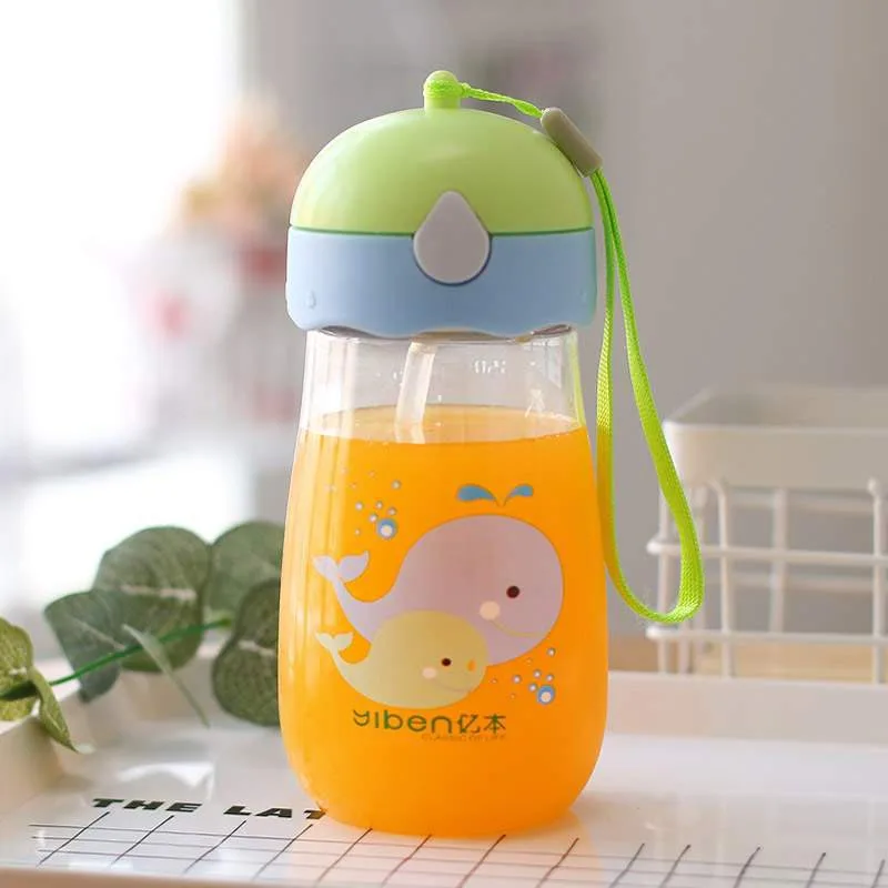 Children Water Drinking Bottle Kids Drinking Cartoon Cup Eco-Friendly Cup Plastic Straw Bottle Kindergarten Handy Cup 380ml