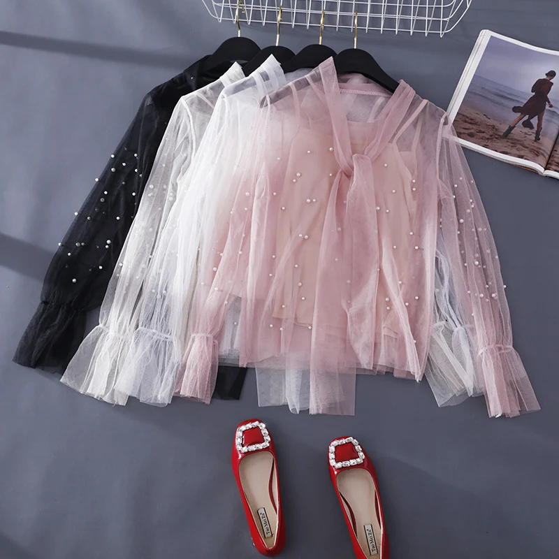 

Women Summer Flare Sleeve Lace Up Bandage Pearl Bead Bow Shirt Casual Slim Mesh Gauze Voile Pullover Tulle Ruffles Blouse Tops