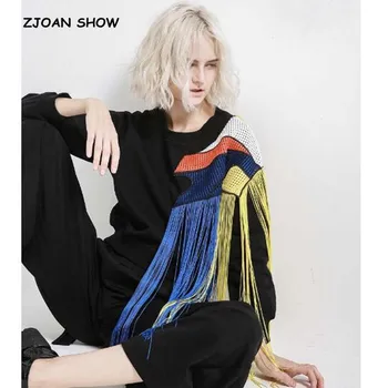 

Harajuku Spliced Mesh Rainbow Tassels Sweatshirt Vintage Women O neck Patchwork Pullover Hoodies Casual Jumper Sweats Tops Black