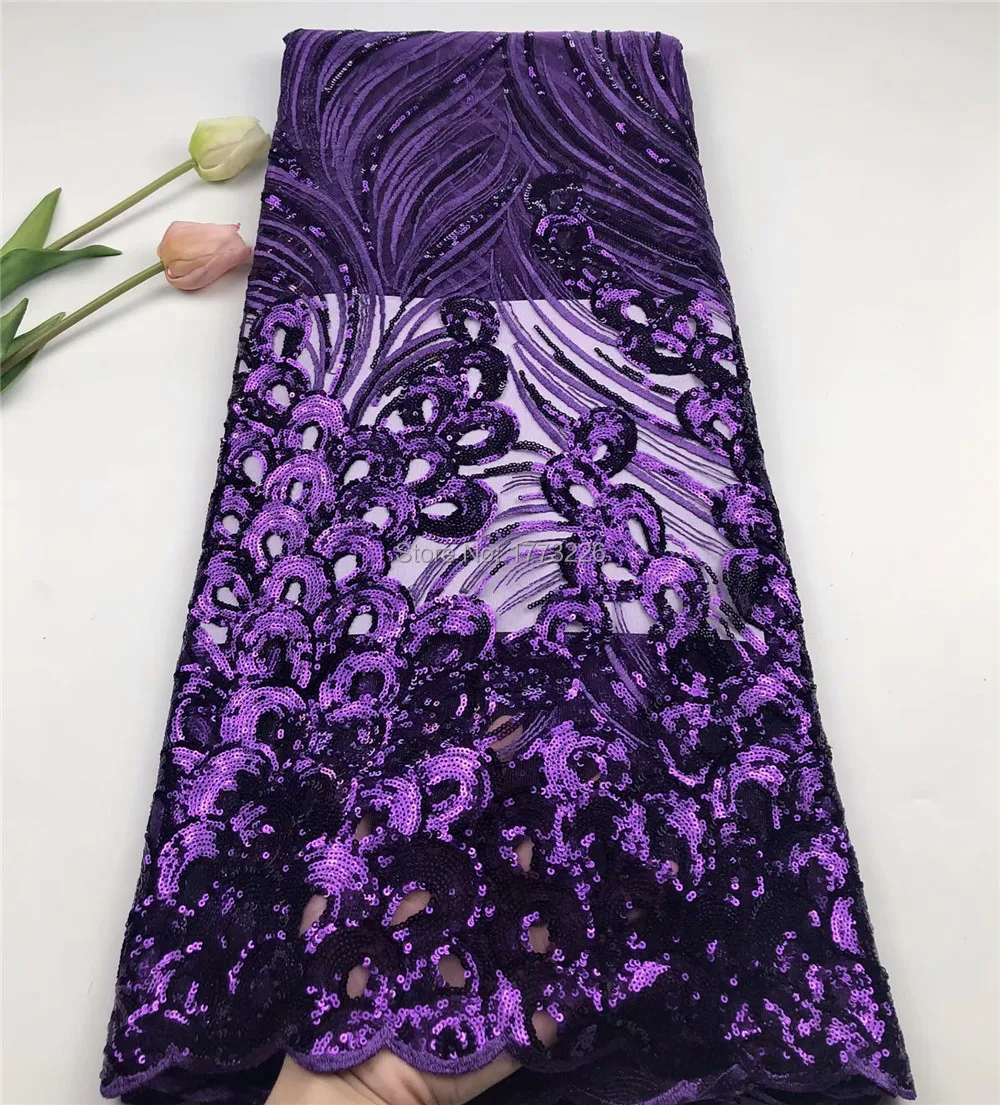 

Purple color Multilayer Sequins French sequins Lace Fabric High Quality African Embroidered Tulle Lace Fabric For Wedding Dress