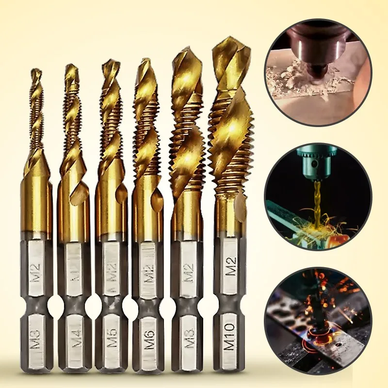 

6Pcs/set HSS 6542 Titanium Coated M3-M10 Combination Drill Tap Bit Set 1/4 Inch Hex