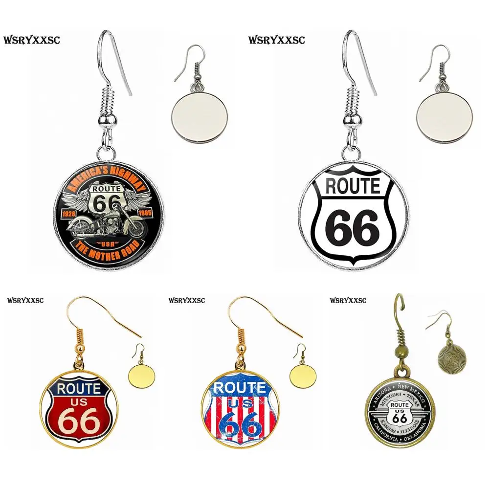 

USA Route 66 Route Signs Glass Cabochon Bronze/Silver/Golden Clip Ear Hook Drop Earrings Time Stone Jewelry For Girls Best Gift