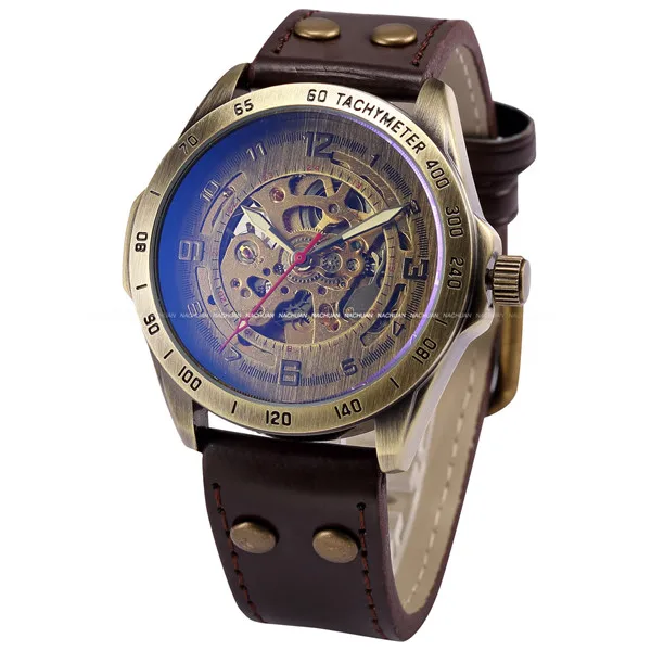 Leather Mechanical Watch Men Automatic Steampunk Watch Mens Skeleton Watches  Bronze Transparent Vintage Sport Wristwatch Male