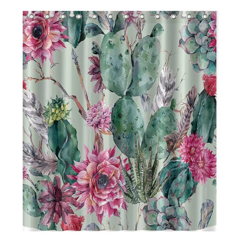 

TPFOCUS Waterproof Cactus and Flower Pattern Shower Curtain Mildew Resistant Curtain With Hanging Hooks for Bathroom Supplies
