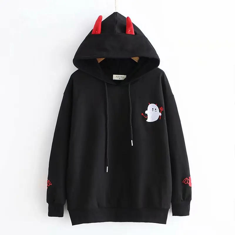 

Harajuku Sweatshirts Women Little Devil Horns Gothic Lolita Pullovers Female Autumn Loose Casual Hoodies Tops Black White