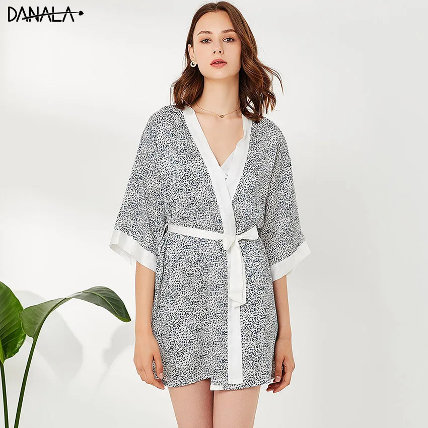 

DANALA 3 Pieces Women Kimono Sleepwear Sets With Dot Print Sleeveless Sling Mini Dress Ladies Home Suits