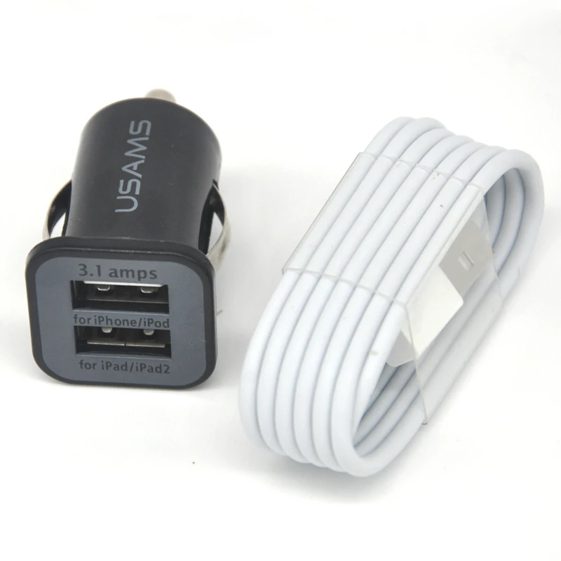 

High Quality 5V 3.1A Dual USB Car Fast Charger + 1M 8pin USB Data Sync Charger Cable For iPhone 6s 6plus 5 5S 5C 5G iPad IOS 9