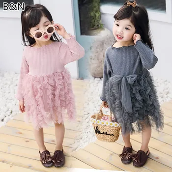 

2-5Y Children's Cotton+Tulle Patchwork Dress Baby Girls Princess Solid Color Gauze Cake Dresses Kids Fashion Party Clothings