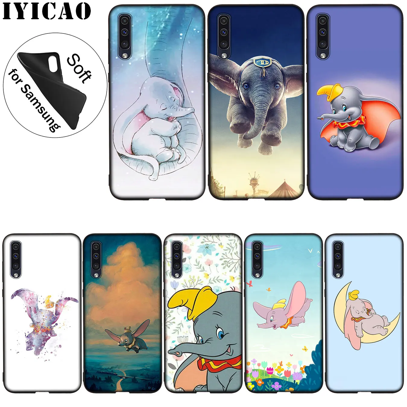 

IYICAO Dumbo elephant Soft Silicone Case for Samsung Galaxy A70 A50 A40 A30 A10 M10 M20 M30 Black Cover