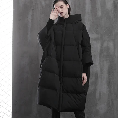 Линетт's chinoiseroy, зимний дизайн, женские короткие Ультра свободные длинные куртки с капюшоном, 90% белый утиный пух, верхняя одежда - Цвет: Черный
