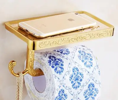 Creative antique bathroom paper roll holder brass toilet paper holder with shelf, WC/kitchen tissue rack vintage