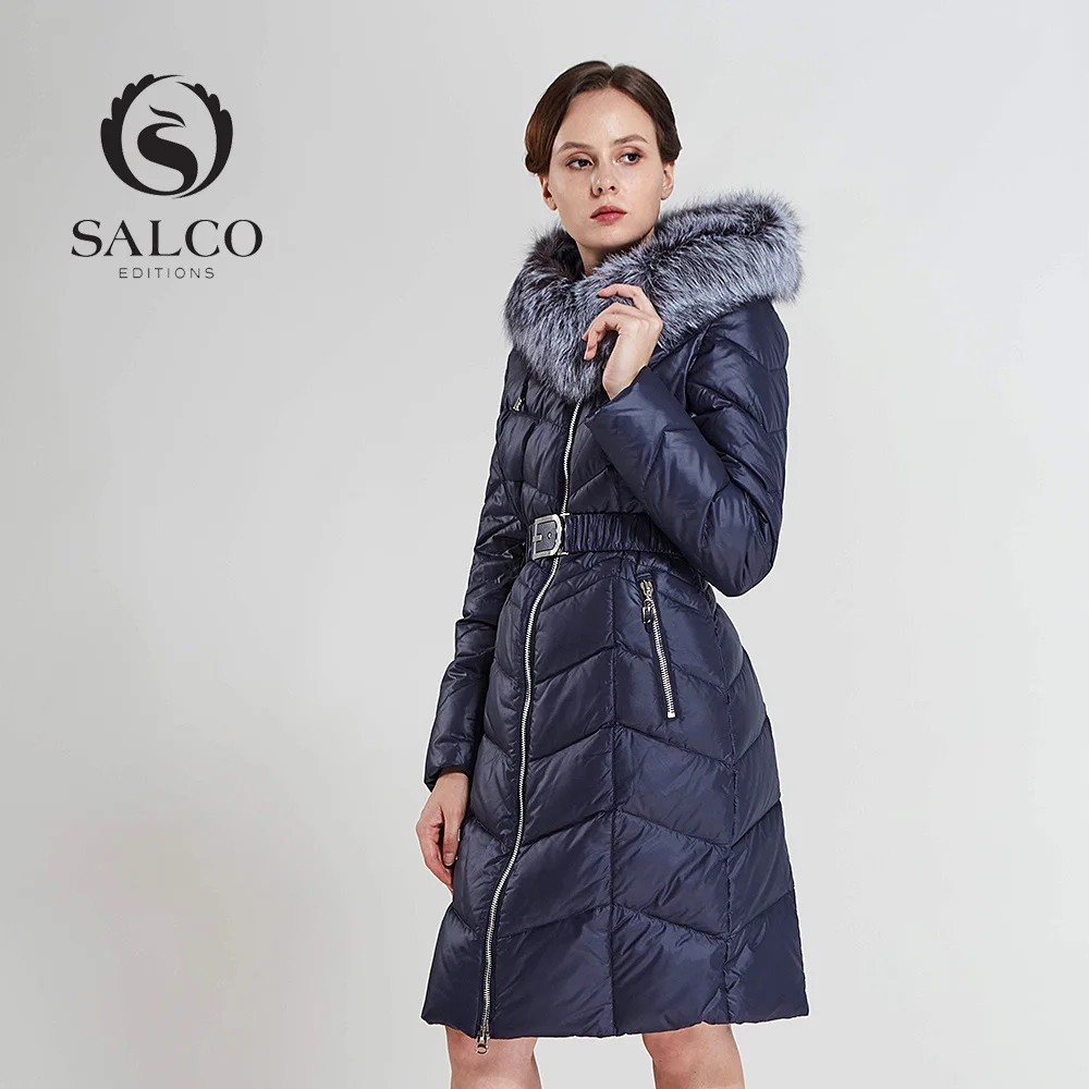Женское длинное пальто-пуховик с капюшоном SALCO теплое зимнее пальто воротником