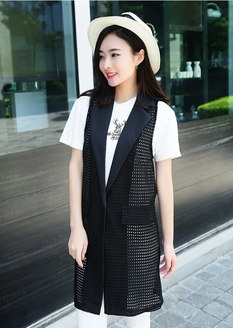 Women falsePocket Long Vest Coat plus size M-4XL Elegant Office Suits Sleeveless Jacket Female Waistcoat Colete Feminino