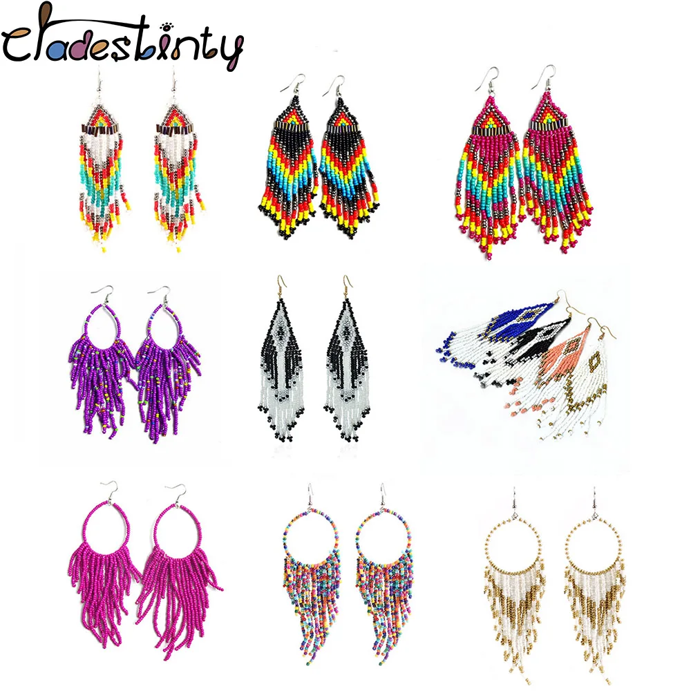 

Chadestinty Multicolor Beaded Tassel Earrings For Women Handmade Ear Hook Earring Boho Long Fringe Dangle Earings Ethnic Jewelry