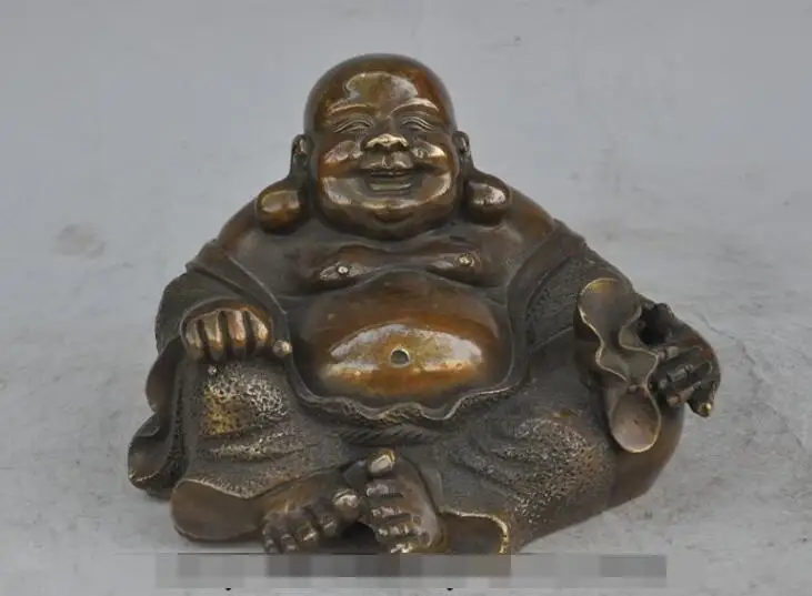 

S4644 6"chinese buddhism bronze happy laugh Maitreya Buddha wealth money bag statue