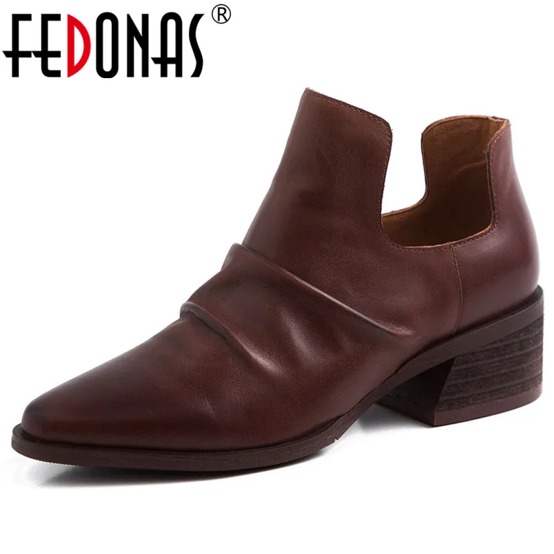 

FEDONAS Autumn New Vintage Pointed Toe Square Heels Women Ankle Boots Short Boots Genuine Leather Party Office Rome Shoes Woman