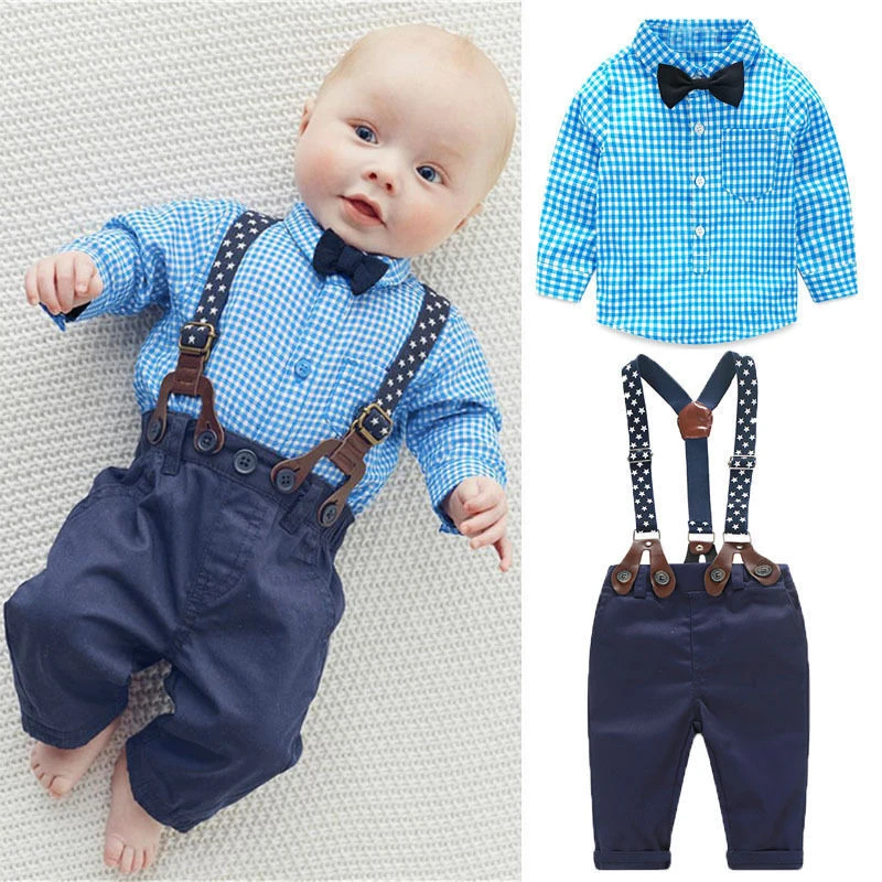 Birthday baby boy suits toddler newborn baby clothes gentleman baby boy blue plaid shirt
