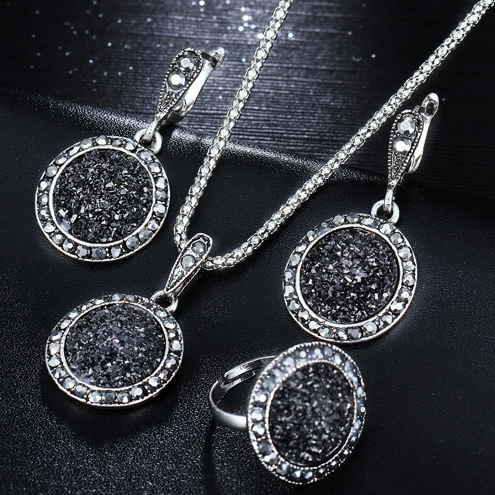 

1 set fashion black Round gravel Resin necklace+earring+Ring Fashion Pendant Necklace Earring Set Jewelry Charm Women Party Gift