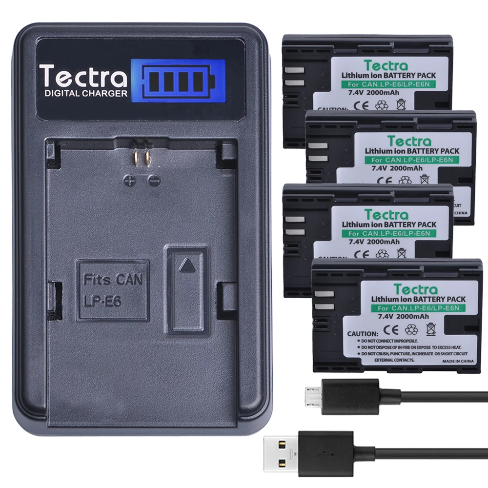 

Tectra 4PCS LP-E6 LPE6 LP-E6N Battery + LCD USB Charger for Canon EOS 5D 5D2 5DS Mark II 2 Mark III 3 6D 60D 7D 7D2 7DII 70D 80D