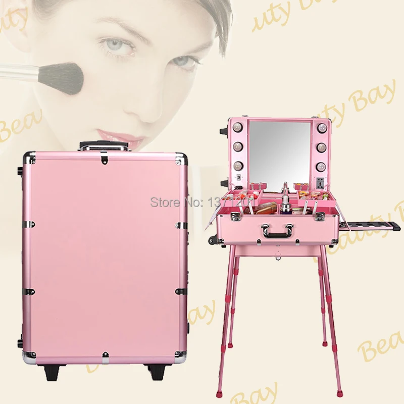 Aluminum makeup station with lighted mirror, makeup case with lights
