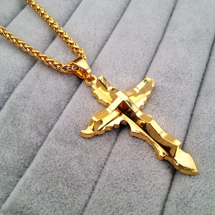 

Hip Hop Rapper Irregular Cross Pendant Necklace Mens Real Yellow Gold Filled Chain Fashionable Jewelry