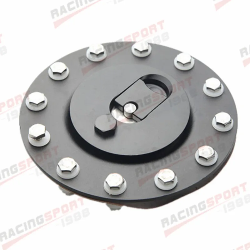 Aluminum Billet Fuel Cell Cap Flush Mount 12 Bolt Black Anodized on