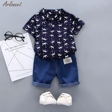 Рубашка с короткими рукавами и рисунком короны для маленьких мальчиков комплект из топа и джинсовых штанов; детская одежда модные шорты; Новинка года