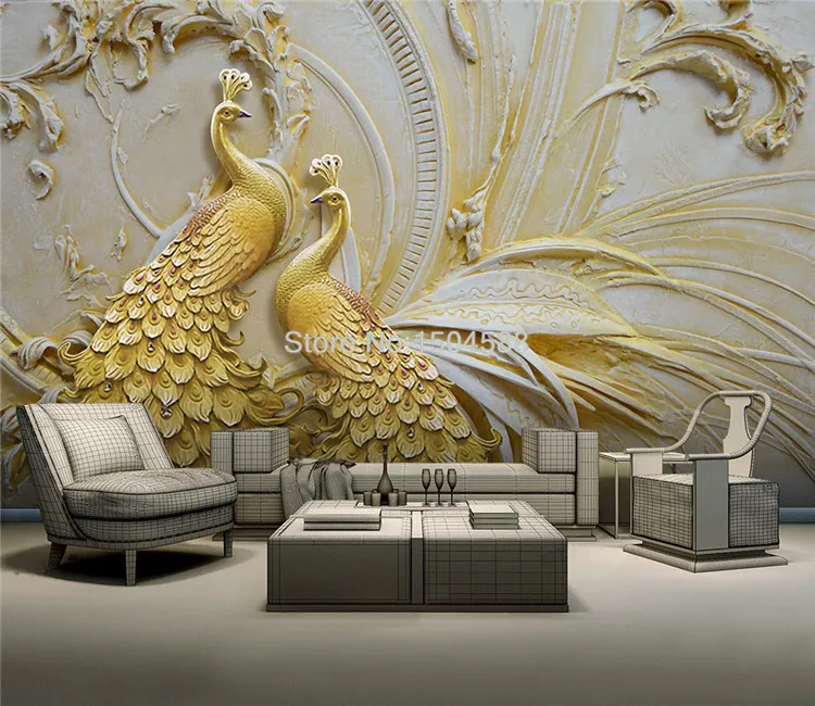 European Style 3D Relief Gold Peacock Mural Wallpaper Living Room TV Hotel Background Wall Home Decor Wall Papers For Walls 3 D