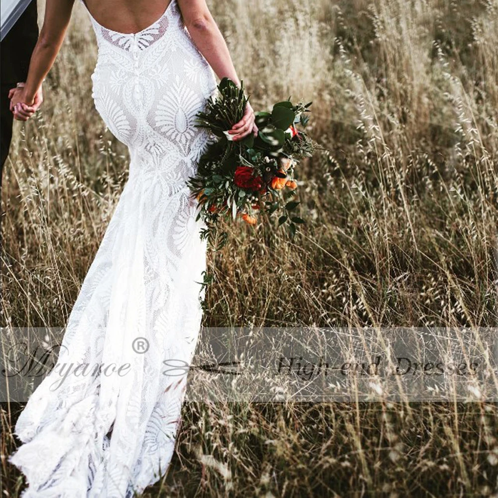 Mryarce Unique Lace Bohemian Wedding Dress With Cap Sleeves Open Back Mermaid Boho Bridal Gowns  (2)