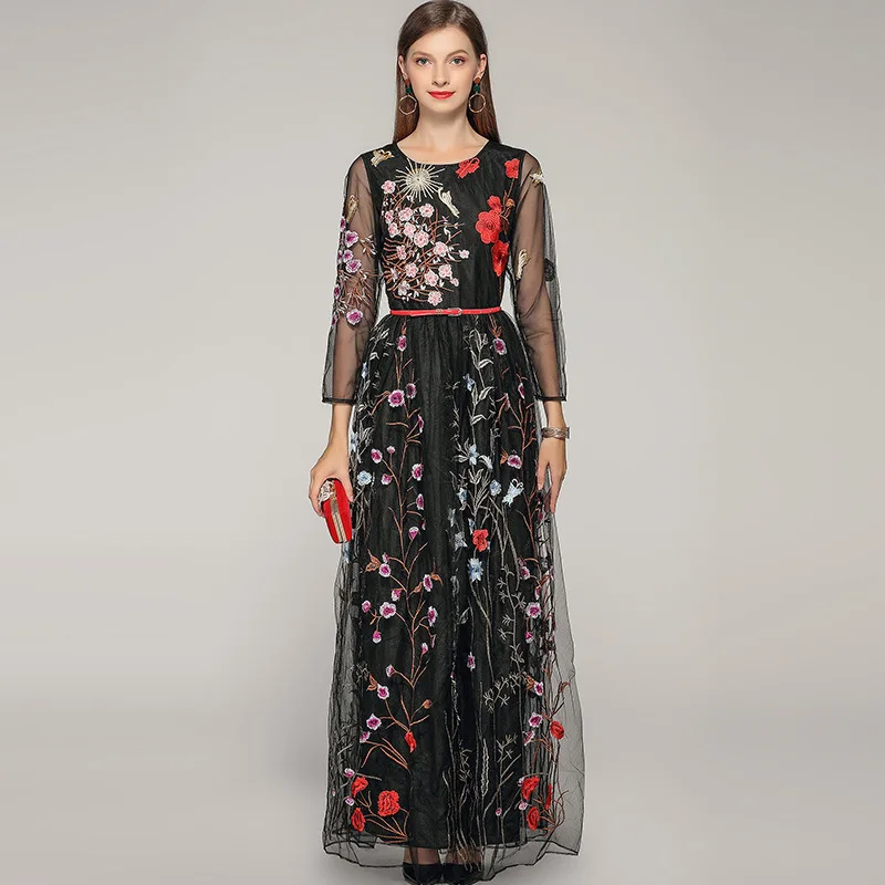 

High quality embroidered floral mesh dress Brand new wome's party dress Chic elegant maxi dress A201