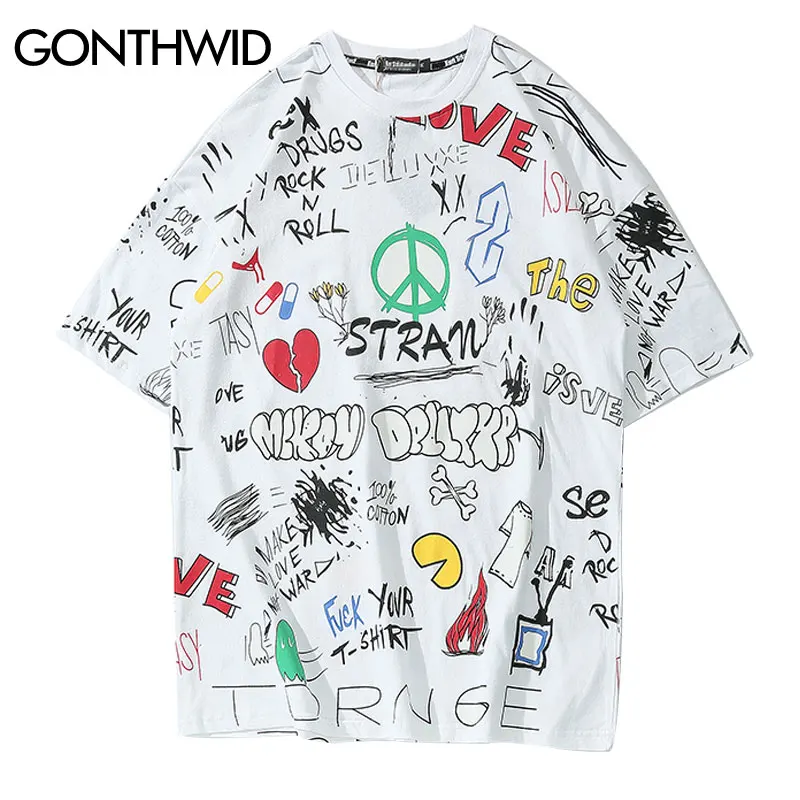 

GONTHWID Hip Hop Graffiti Tshirts Streetwear 2019 Summer Men Harajuku Casual Short Sleeve Tops Tees Male Fashion Urban T Shirts