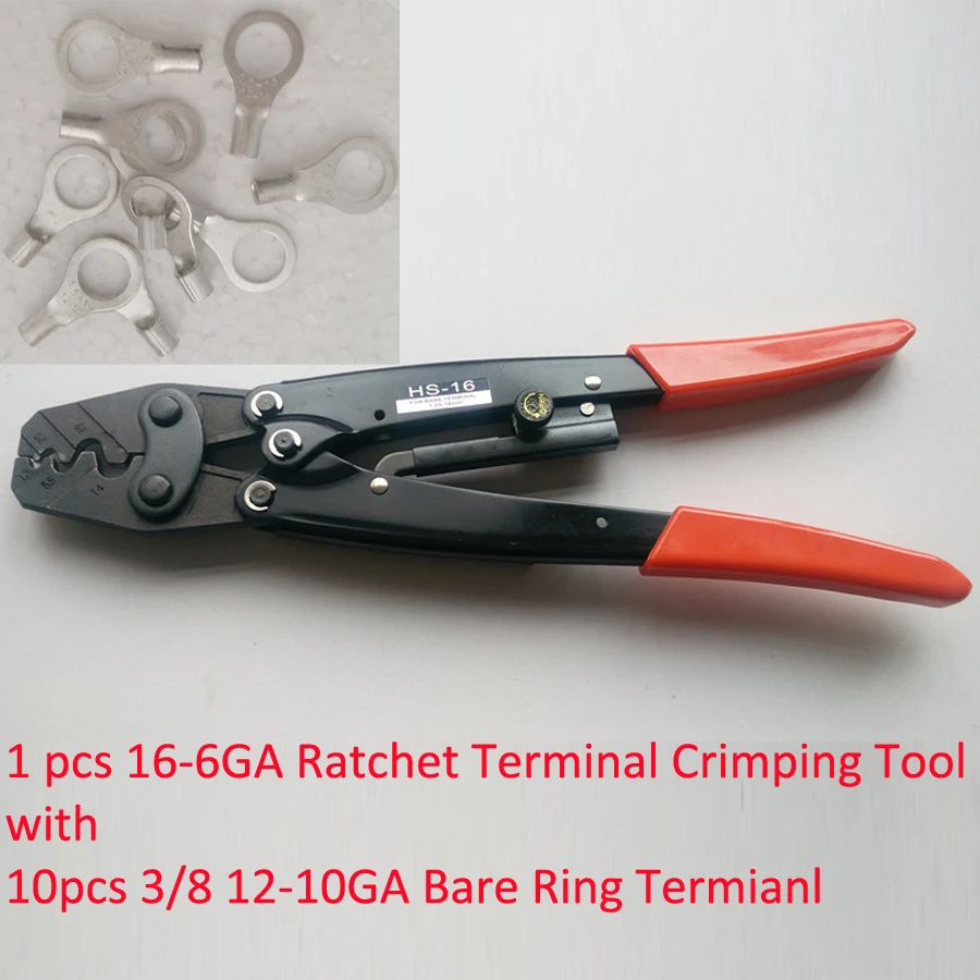 

HS-16 Ratchet Terminal Crimper for Non-insulated AWG16-6 with 10 3/8 12-10Ga Wire Ring Terminal Connector Uninsulated