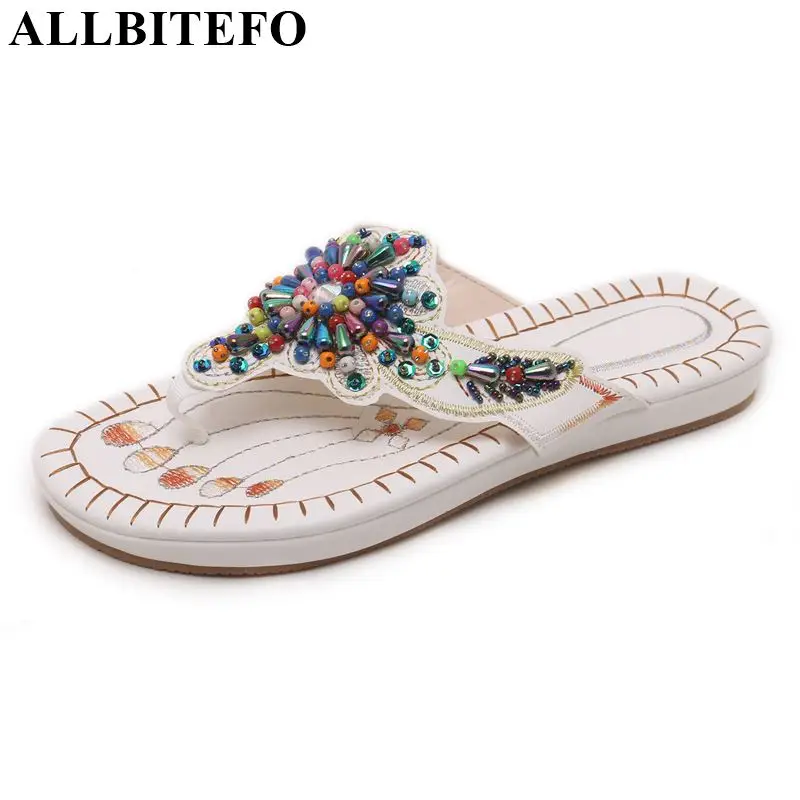 

ALLBITEFO brand wedding shoes woman flip flops Summer low heel slides comfortable beautiful string bead open toe slipper