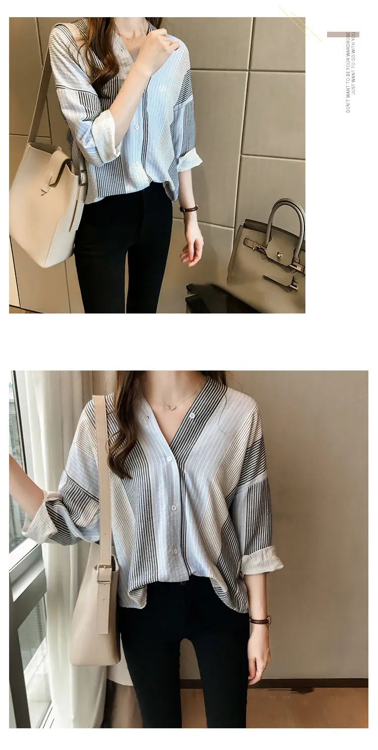 2019 Autumn Women's Striped Shirts Womens Tops And Blouses Fashion Long Sleeve Shirt Plus Size V-neck Blusas Chemise Femme (6)