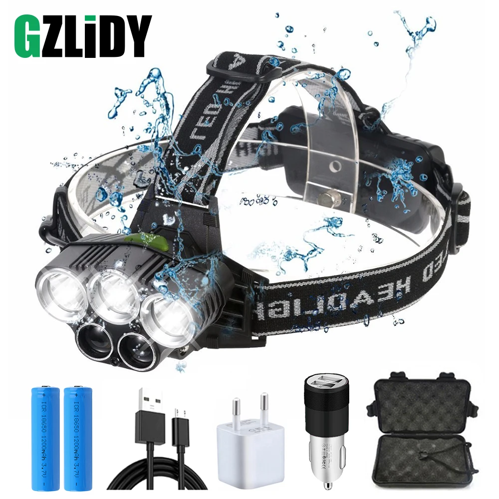 

USB rechargeable LED Headlamp 5 white light or 3 white + 2 bule light 15000 lumen led headlight fishing lamp use 18650 battery